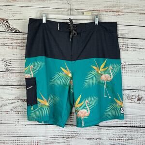Men Retro Ocean Current Black Teal Flamingos Surf Swim Board Shorts 10" Beach 38
